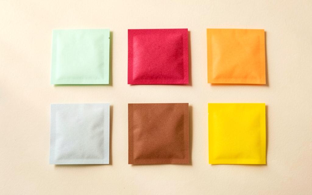 Six paper flavour core sachets in different colours laid out in a grid