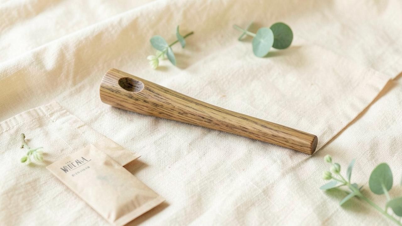 Hand-finished wooden Lio diffuser resting on linen beside a paper core sachet