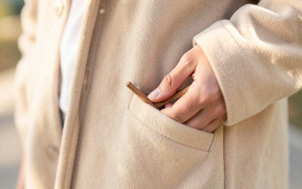 A slim wooden Lio diffuser being slipped into a jacket pocket